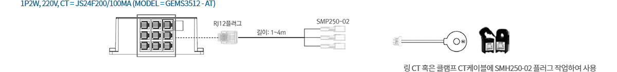 1P2W, 220V, CT = JS24F200/100mA (Model = gems3512 - AT) / 링 CT 혹은 클램프 CT케이블에 SMH250-02 플러그 작업하여 사용