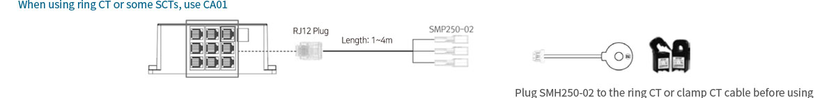 When using ring CT or some SCTs, use CA01. Plug SMH250-02 to the ring CT or clamp CT cable before using